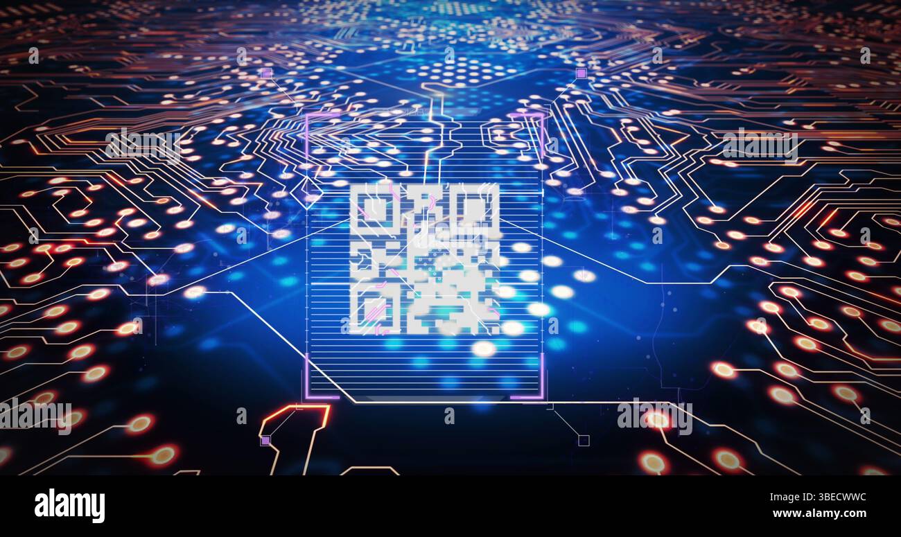Image of integrated circuit and qr code on navy background Stock Photo