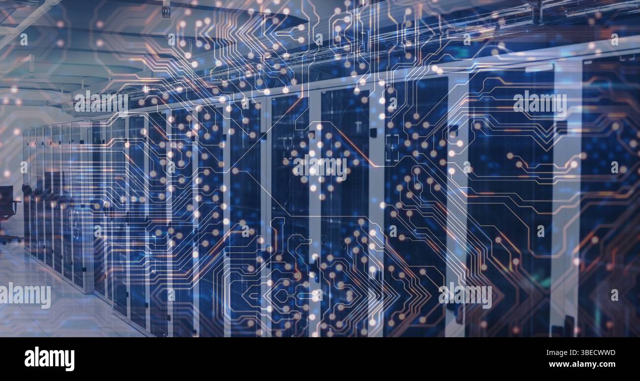 Image of integrated circuit over servers Stock Photo