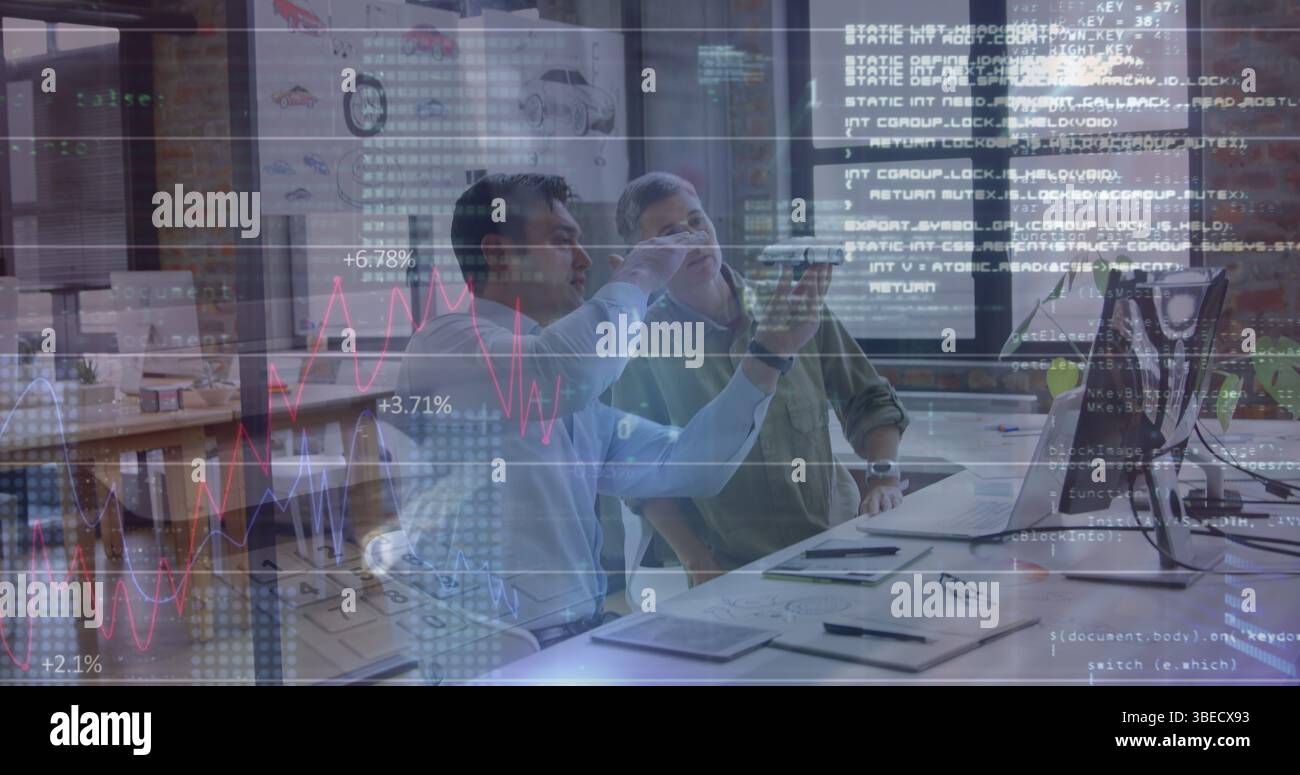 Statistical data processing over two diverse male engineers discussing over a car model Stock Photo