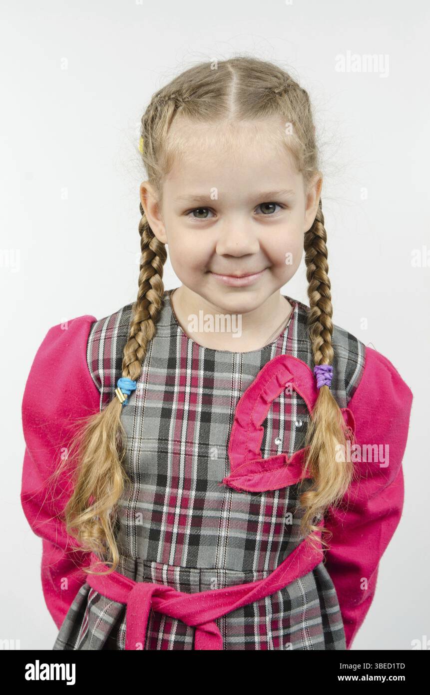 Half-length portrait cheerful fun girl four Europeans Stock Photo