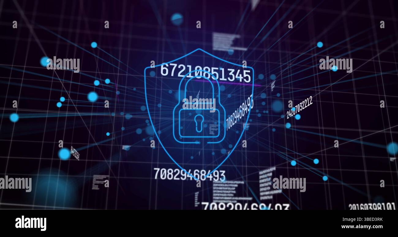 Image of data processing and digital shield with padlock on black background Stock Photo
