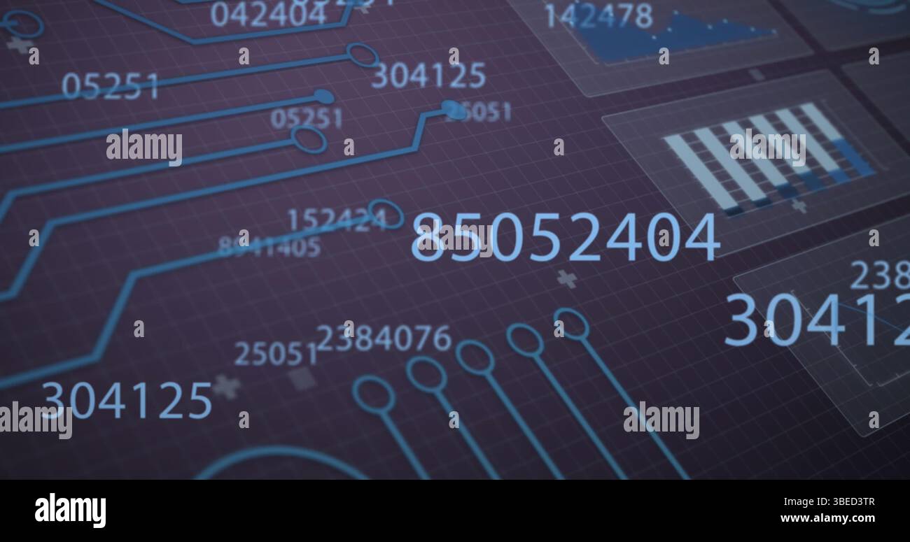 Image of changing numbers over interface with data processing and microprocessor connections Stock Photo