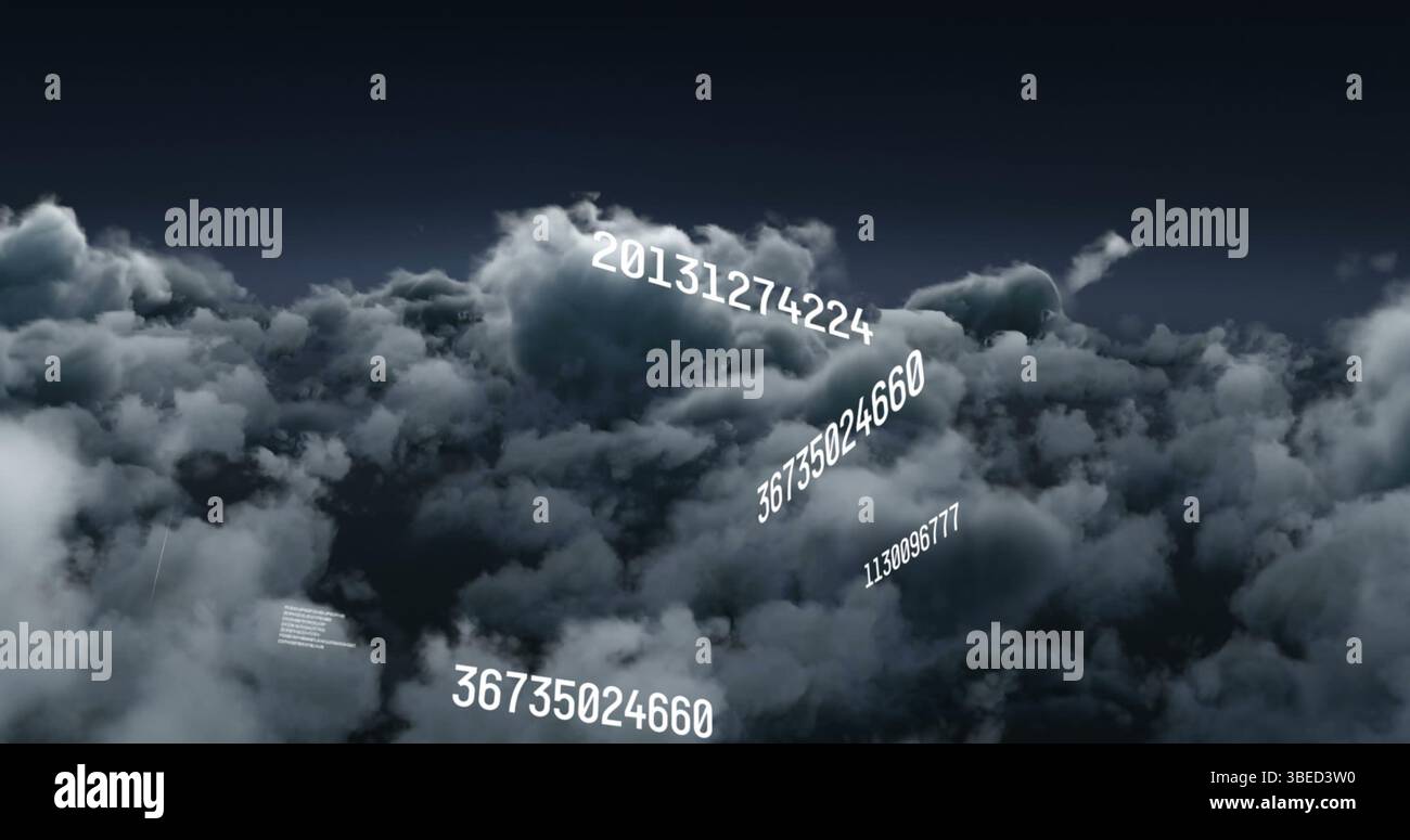 Image of multiple changing numbers floating over dark clouds in the sky Stock Photo