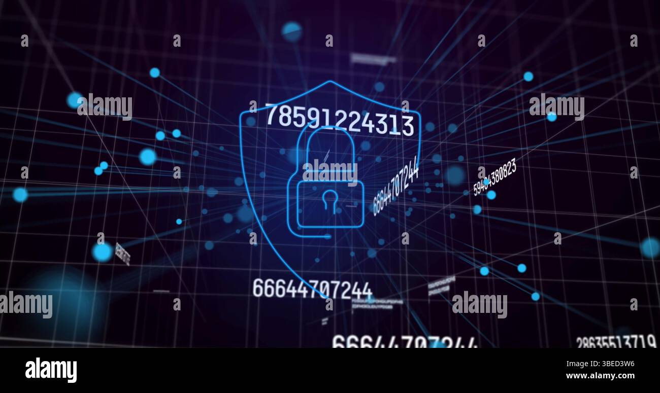 Image of data processing and digital shield with padlock on black background Stock Photo