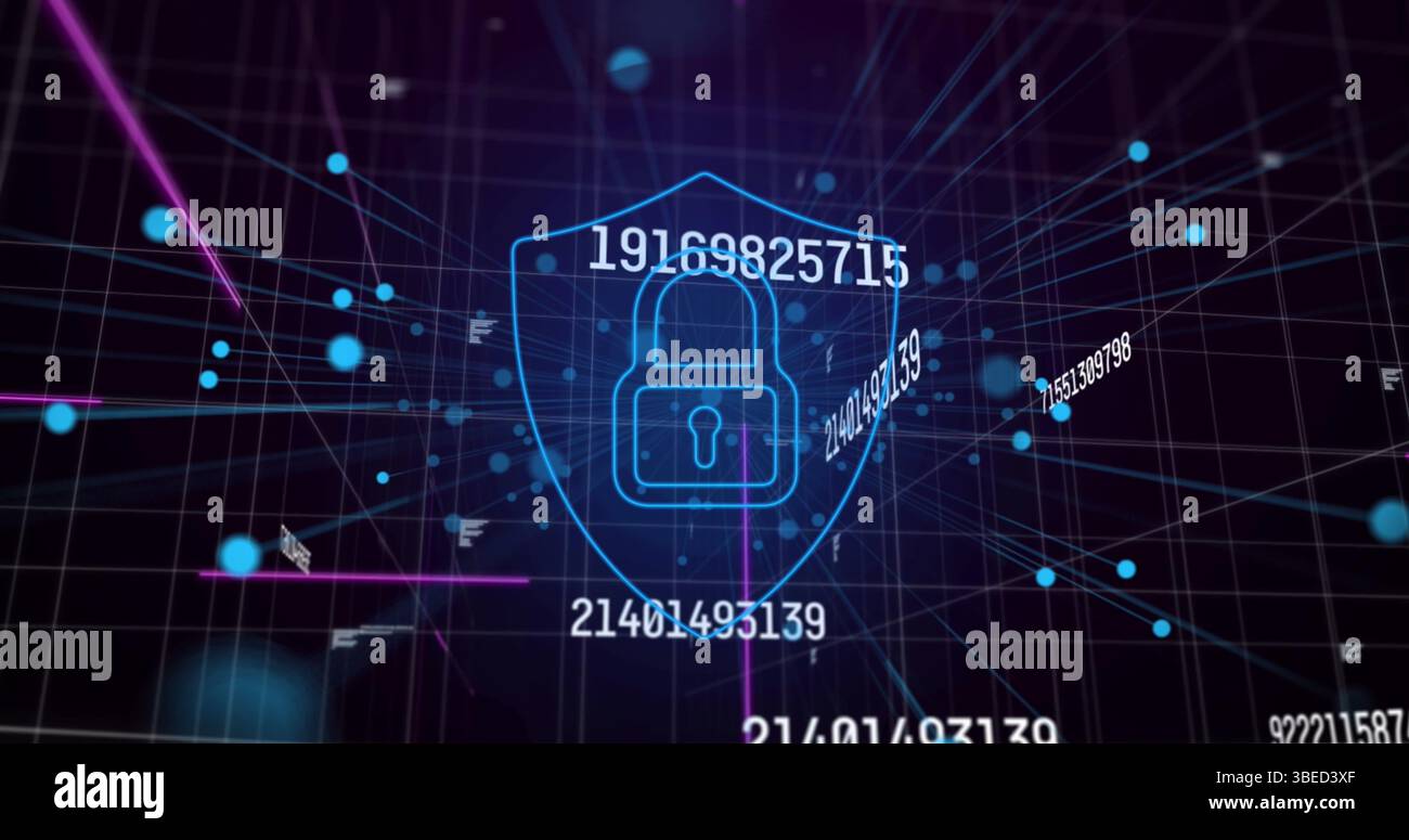Image of data processing and digital shield with padlock on black background Stock Photo