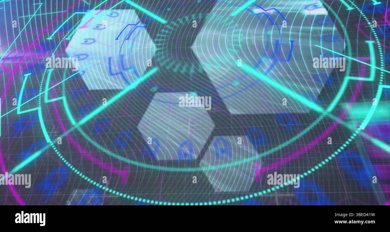 Image of data processing, hexagons and neon circles on black background with lines Stock Photo