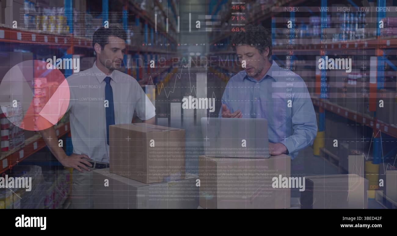 Image of data processing over caucasian workers in warehouse Stock Photo