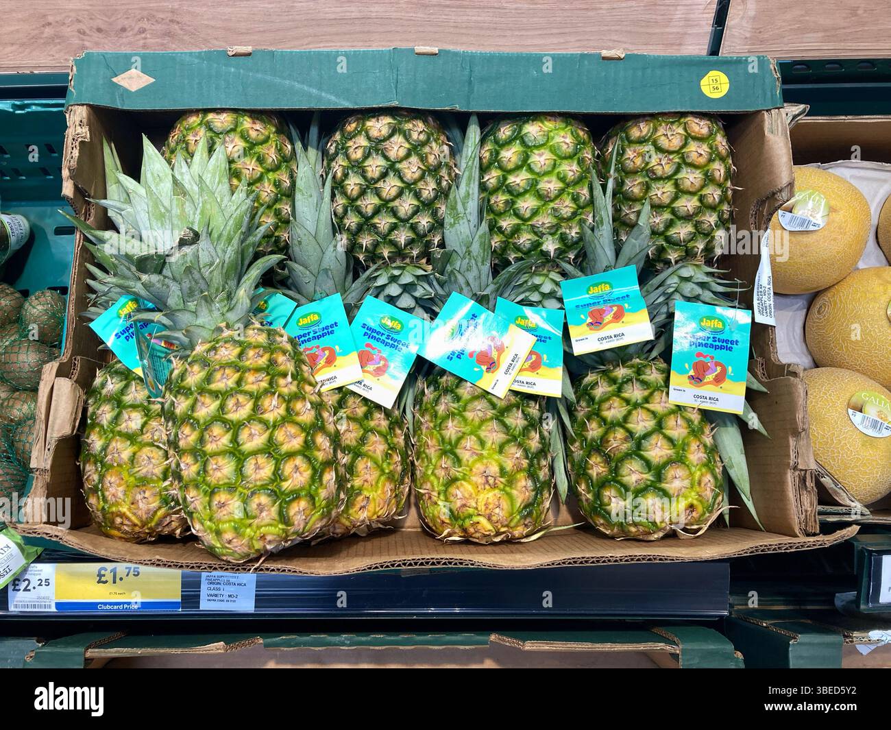 Fresh Pineapple, Ananas comosus, for sale at Tesco supermarket, UK Stock Photo