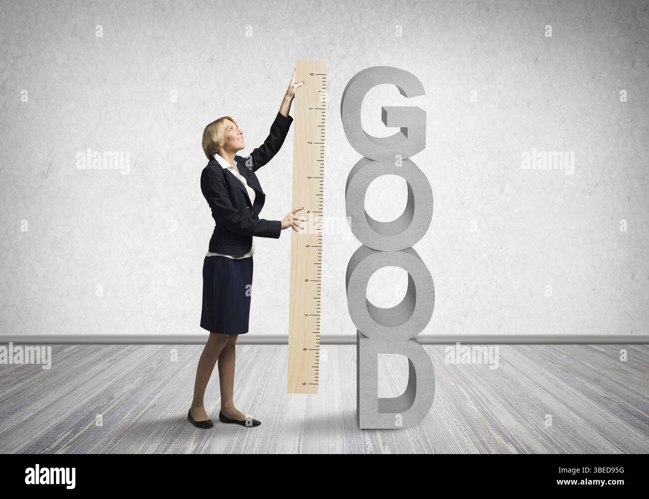 Woman holding big ruler on wall background. Business development to ...