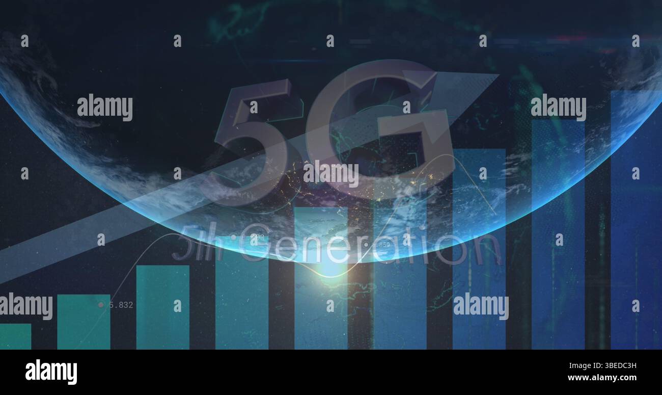 Image of data processing and 5g text over globe Stock Photo