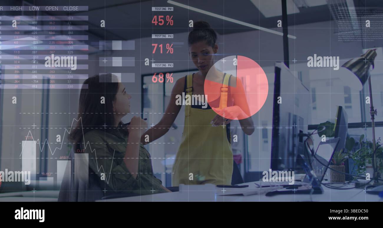 Statistical data processing against two diverse female office colleagues discussing at office Stock Photo
