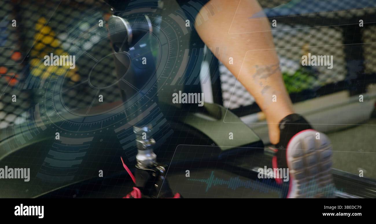 Image of data processing over caucasian woman with prosthetic leg walking on treadmill Stock Photo