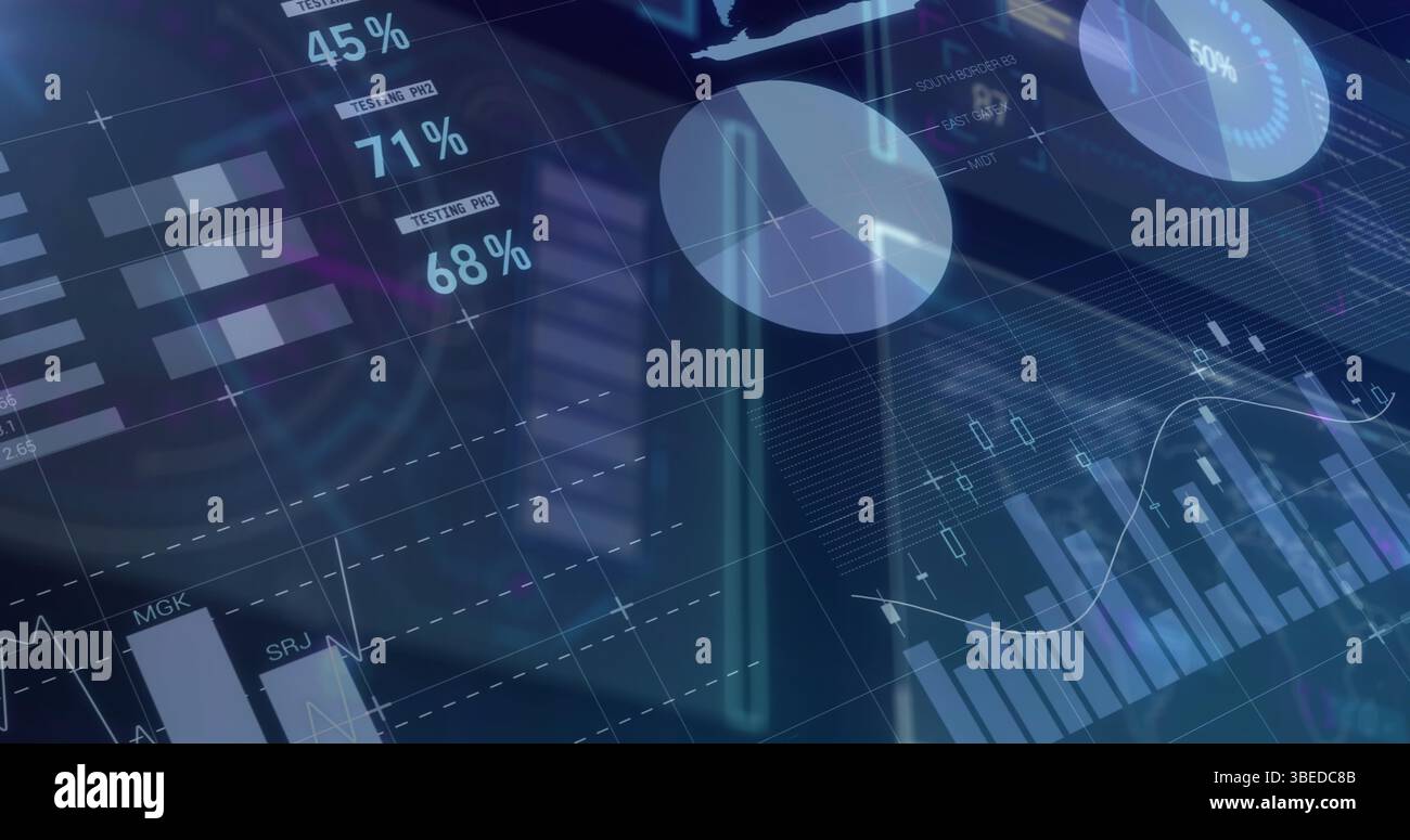 Statistical data processing over digital interface with data processing against blue background Stock Photo