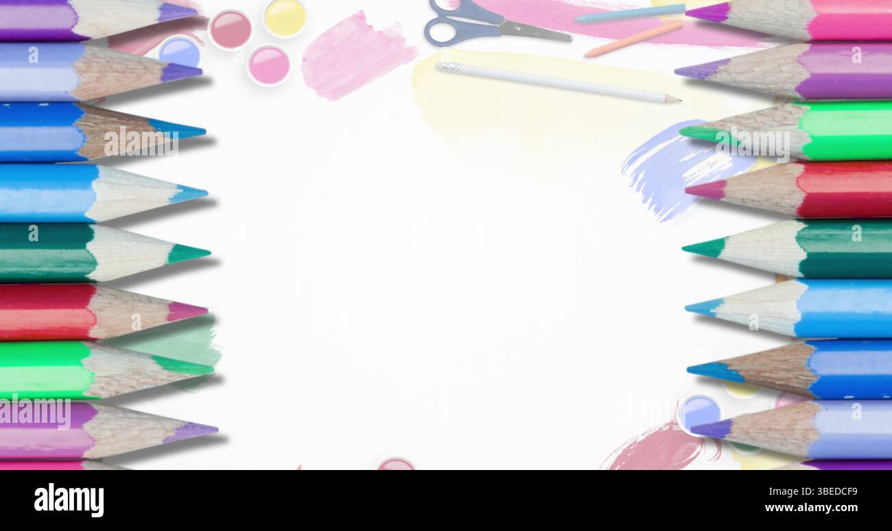 Image of colour pencils and school icons over white background with copy space Stock Photo