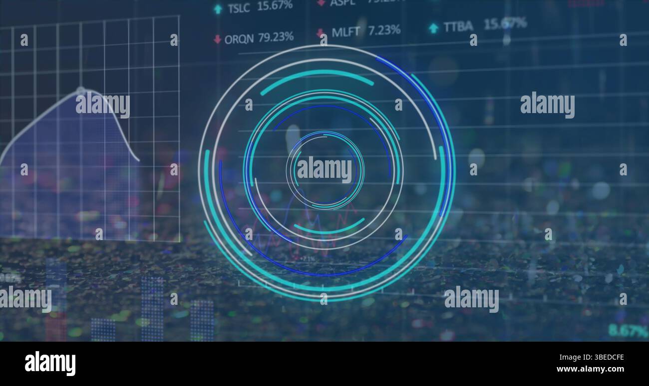 Image of processing circle and financial data on navy background Stock Photo