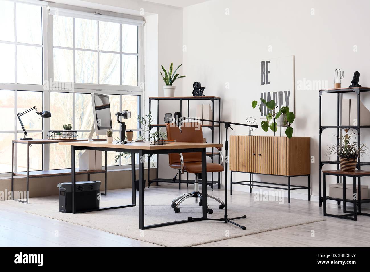 Interior of blogger's office with workplace and shelf units Stock Photo ...