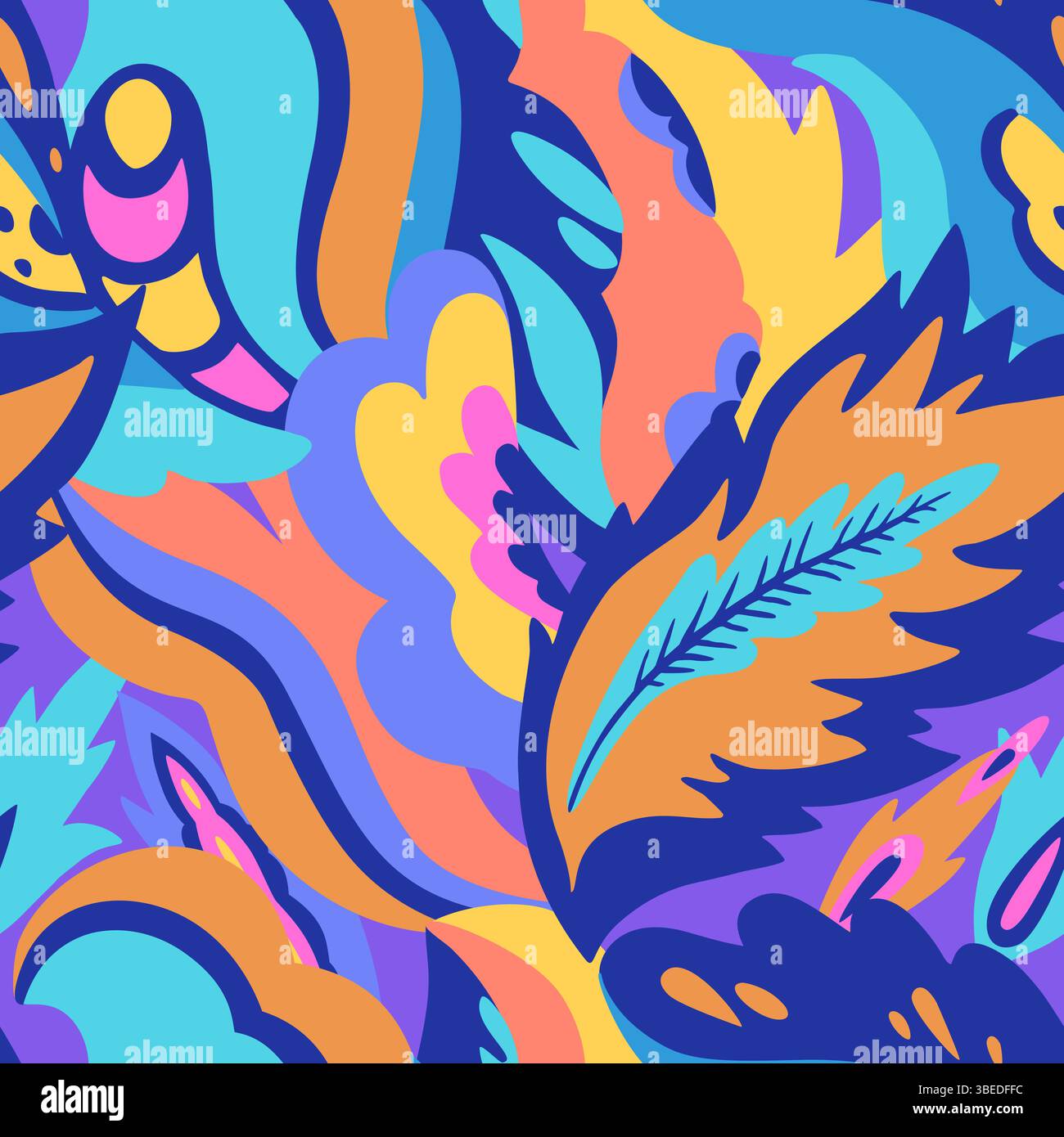 Colorful seamless pattern with chaotic floral and psychedelic abstract elements. Vector illustration. Stock Vector
