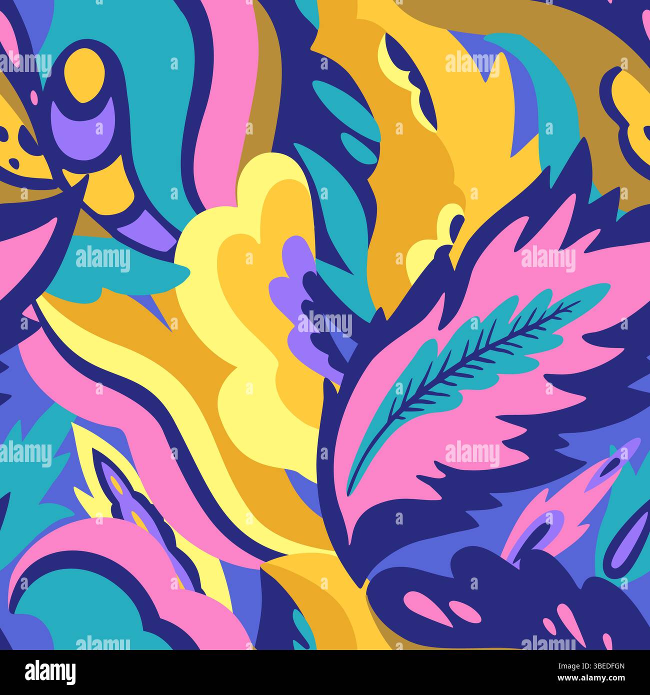 Colorful seamless pattern with chaotic floral and psychedelic abstract elements. Vector illustration. Stock Vector