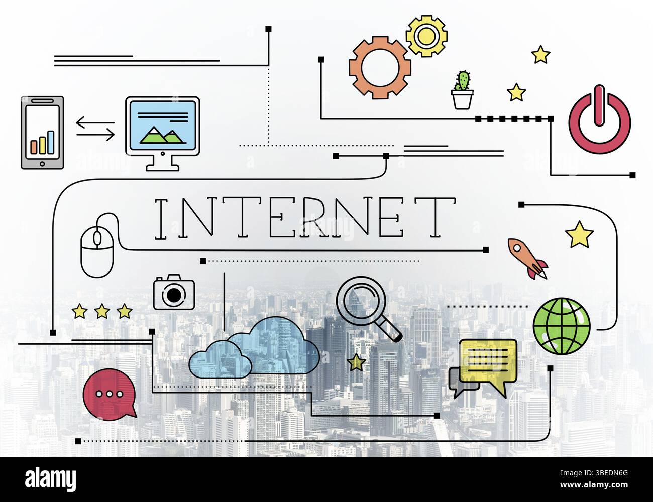 Internet connection linear sketch on background of modern downtown ...