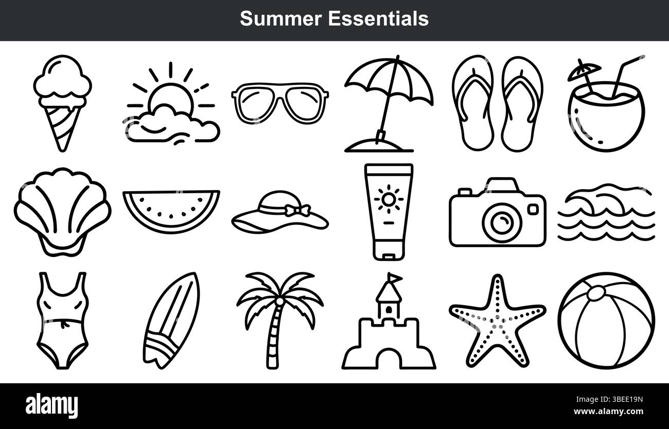 Summer vacation essentials icon set line art Stock Vector