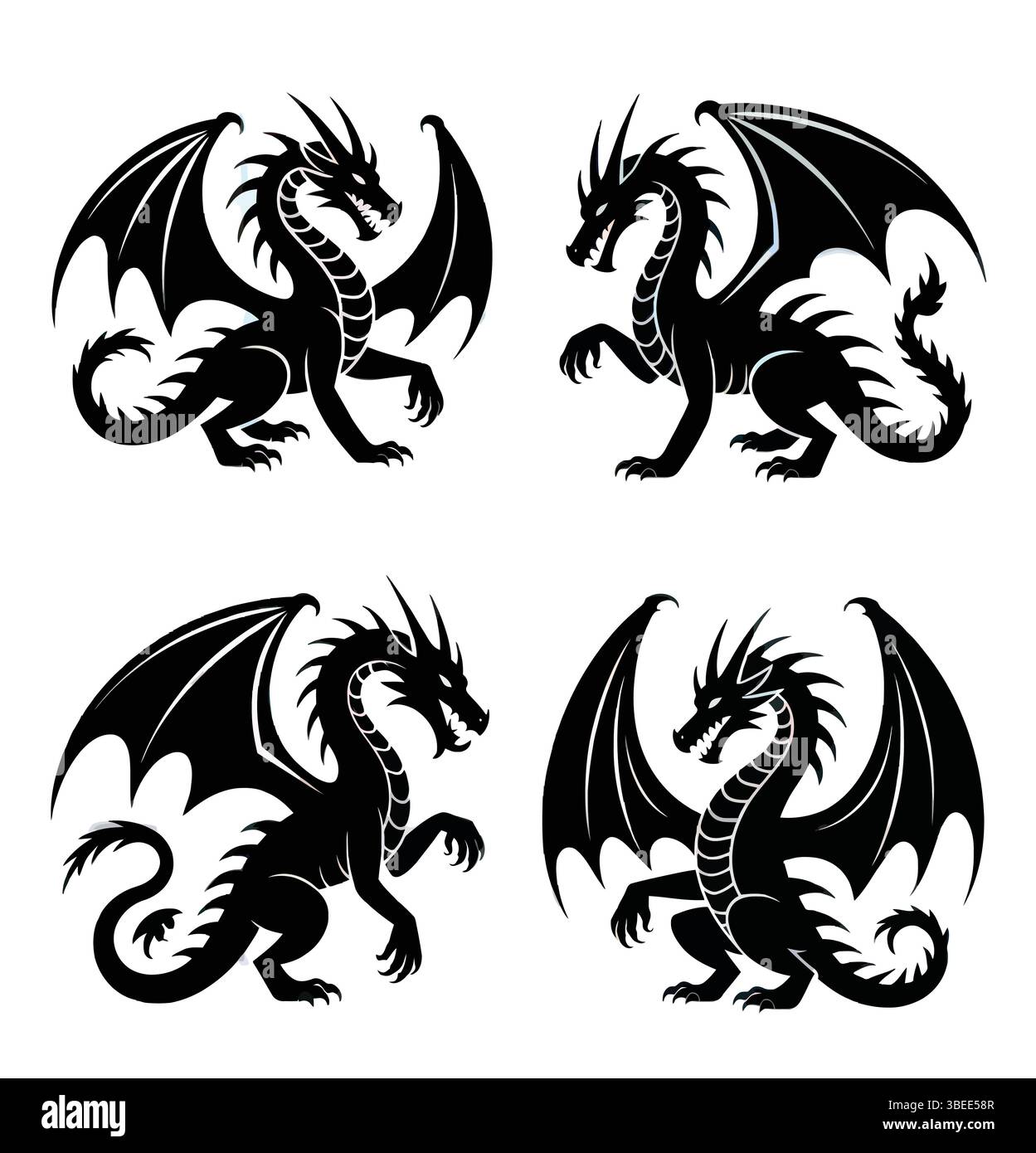 Stylized black dragon figures with fierce poses, ideal for fantasy themes, tattoos, and mythology designs Stock Vector