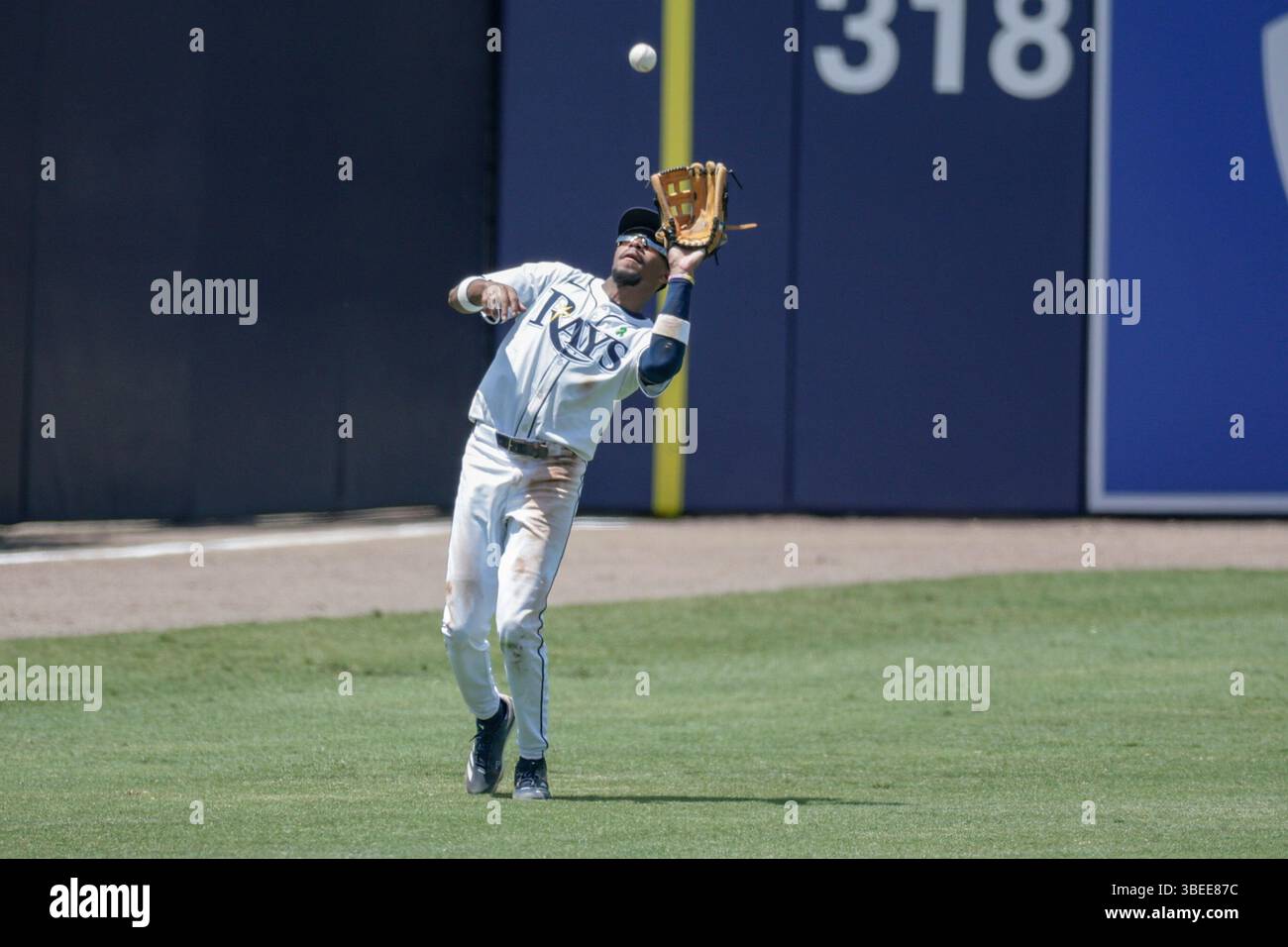 Tampa Bay Rays left fielder Chandler Simpson (14) catches a fly ball ...