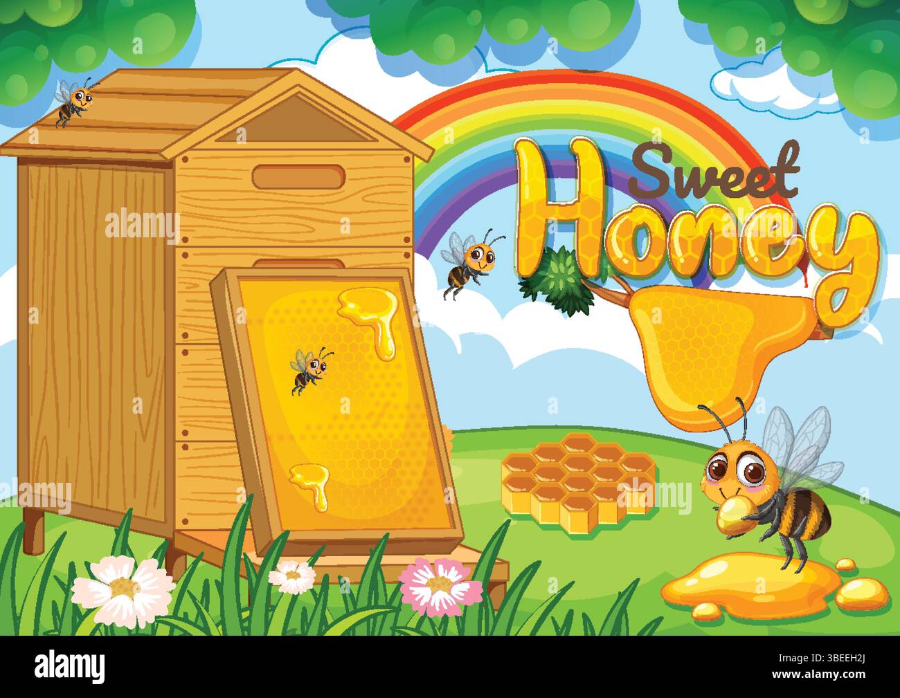 Bees buzzing around honeycomb and wooden hive Stock Vector Image & Art ...