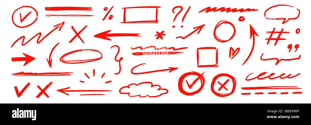 Hand drawn line arrow chalk brush stroke red icon set. Red crayon ...