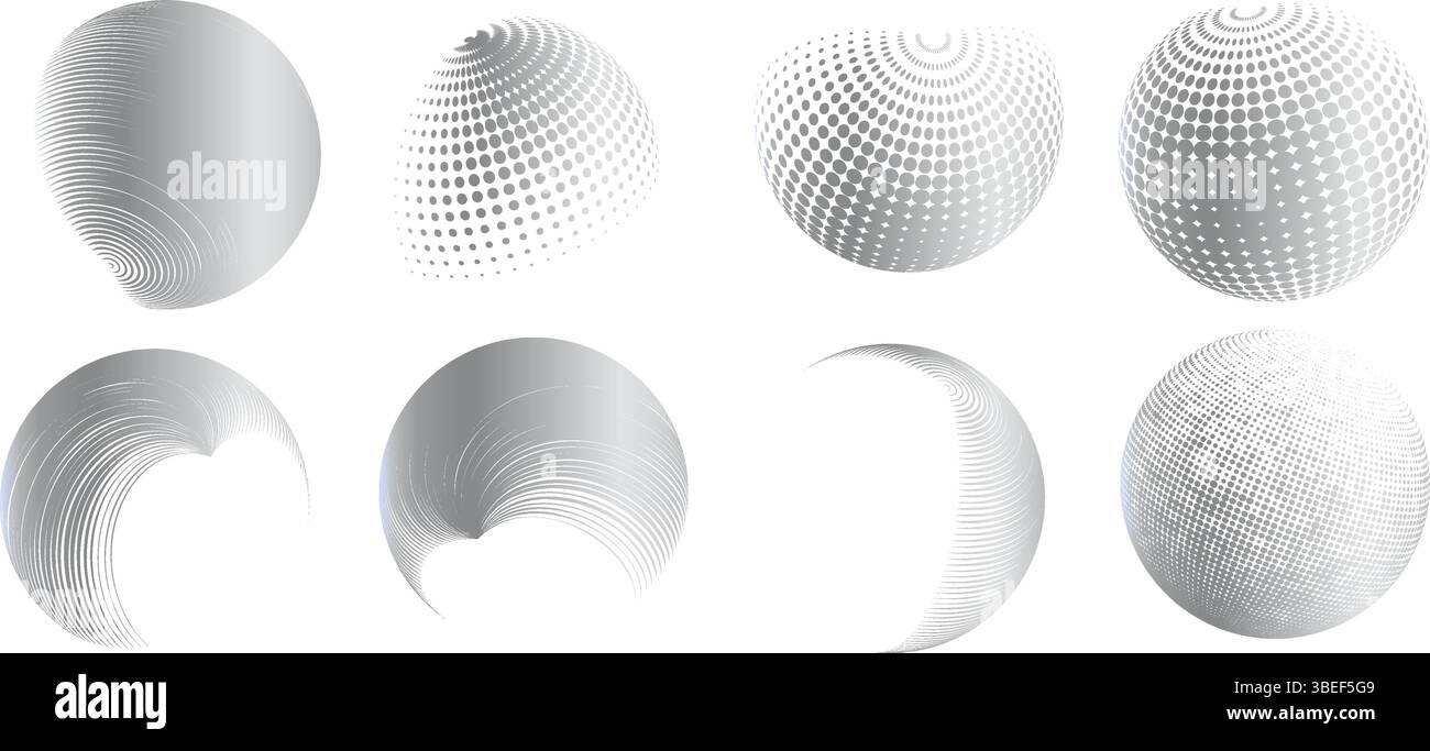 Contemporary set of halftone rounded 3d figures. Stock Vector