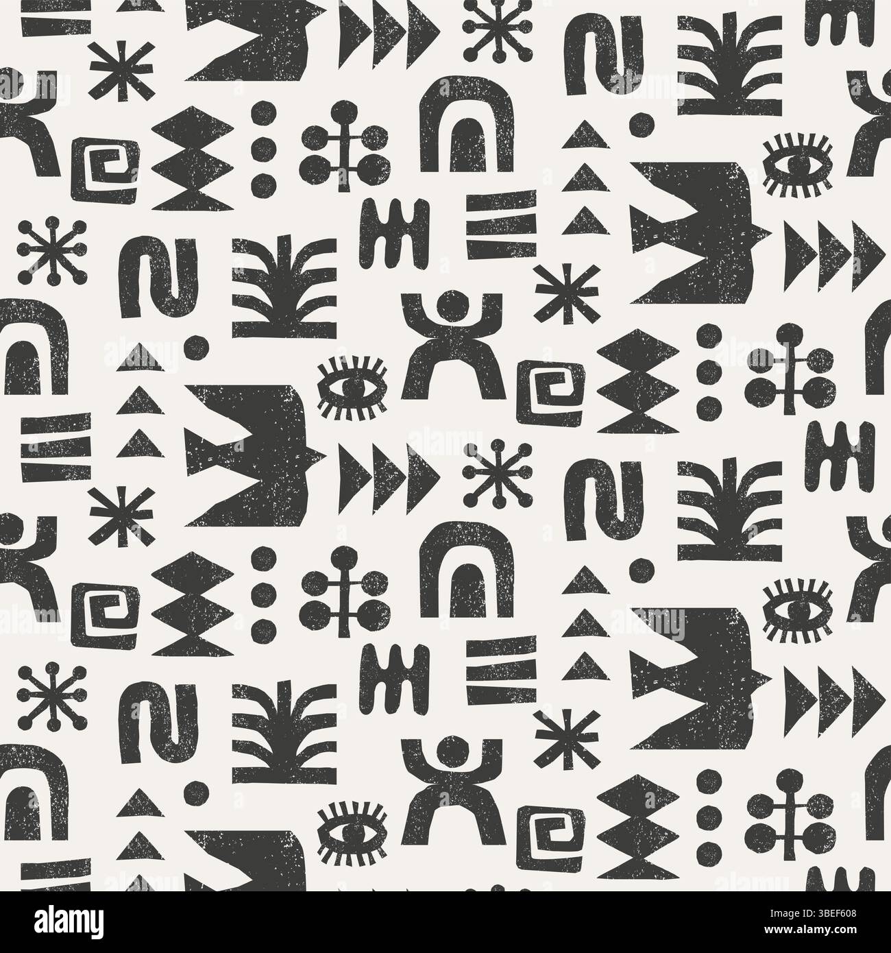 Grunge black and white tribal seamless pattern with geometric symbols ...