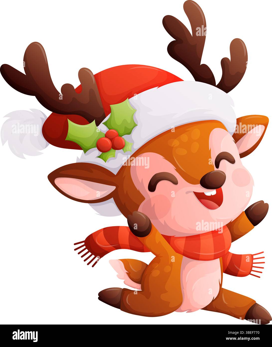 Cute Cartoon Reindeer with Santa Hat and Scarf Celebrating Christmas ...