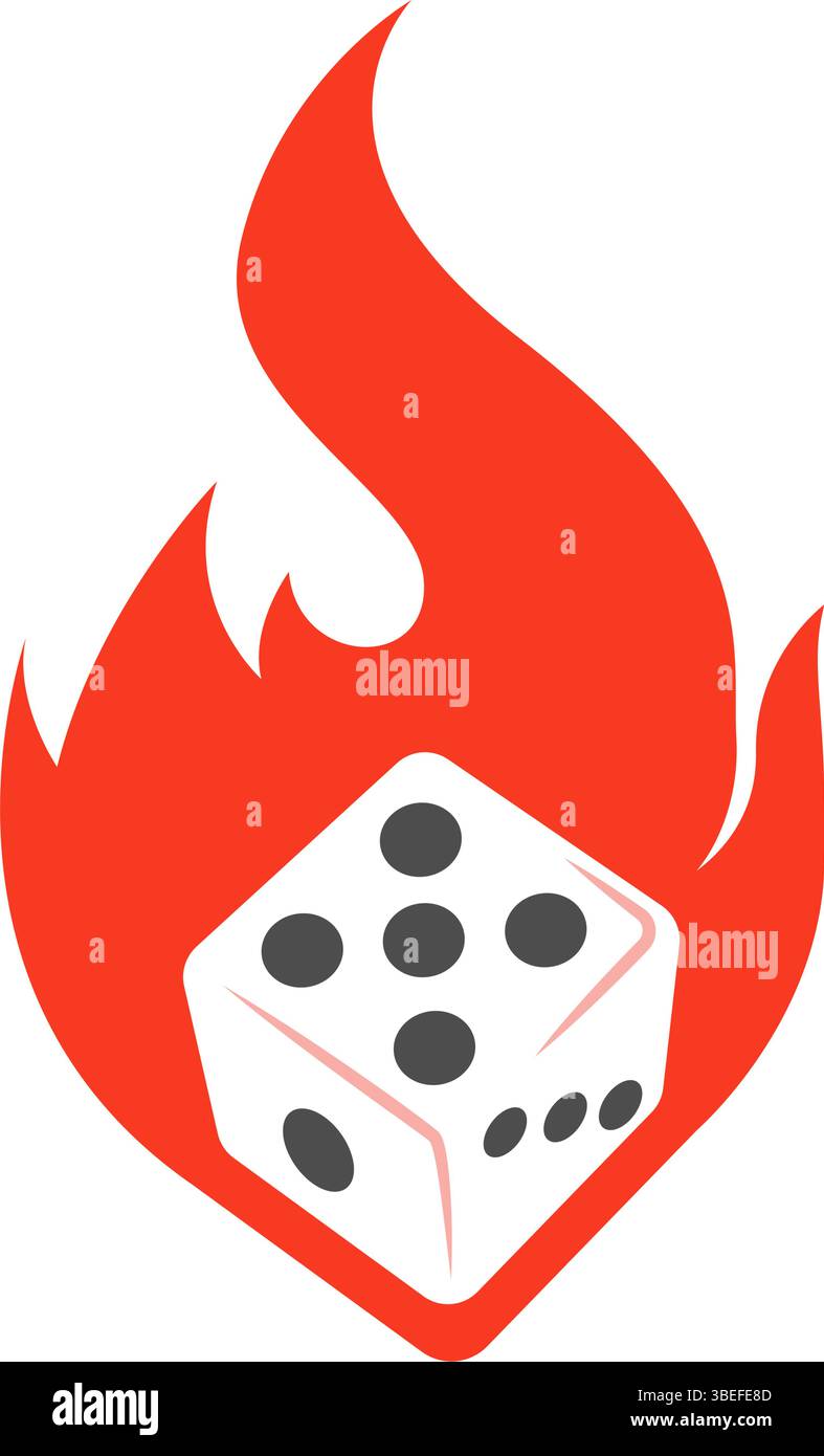 Dice icon surrounded by flames, dramatic gaming symbol Stock Vector