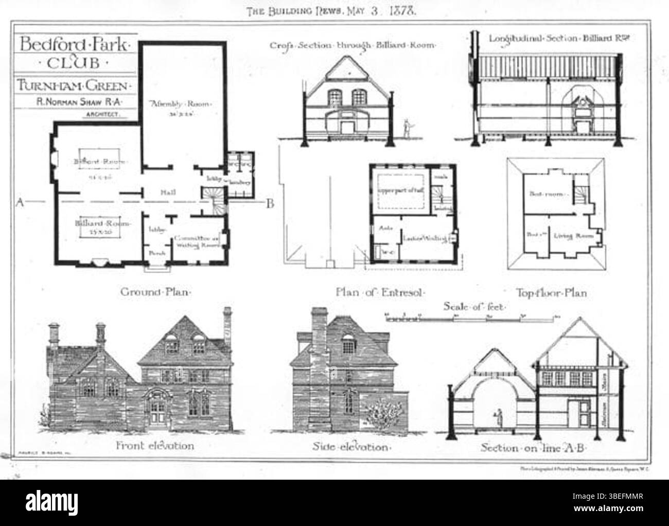 Norman Shaw's 1878 plans for the Bedford Park Club, a notable example of Arts and Crafts architecture, now house the London Buddhist Vihara. The design features distinctive, organic forms and a focus on natural materials, reflective of Shaw's approach to residential design. Stock Photo