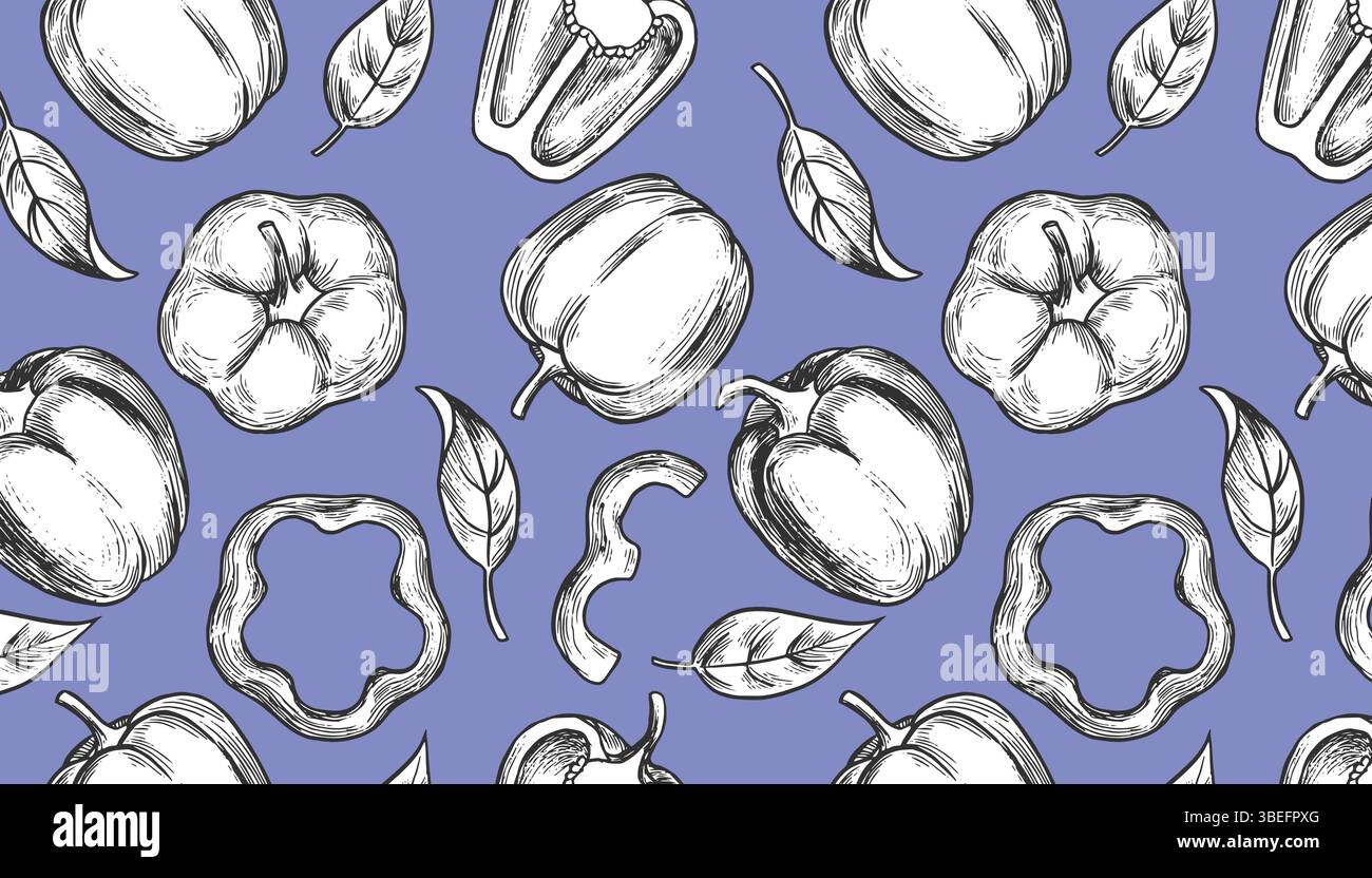 Bell Pepper Horizontal Pattern on Blue Background Stock Vector