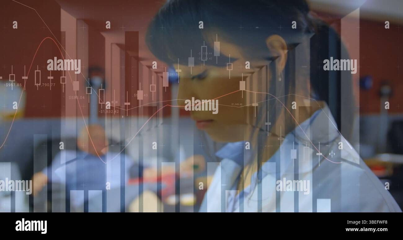 Image of statistical data processing over woman using digital tablet Stock Photo