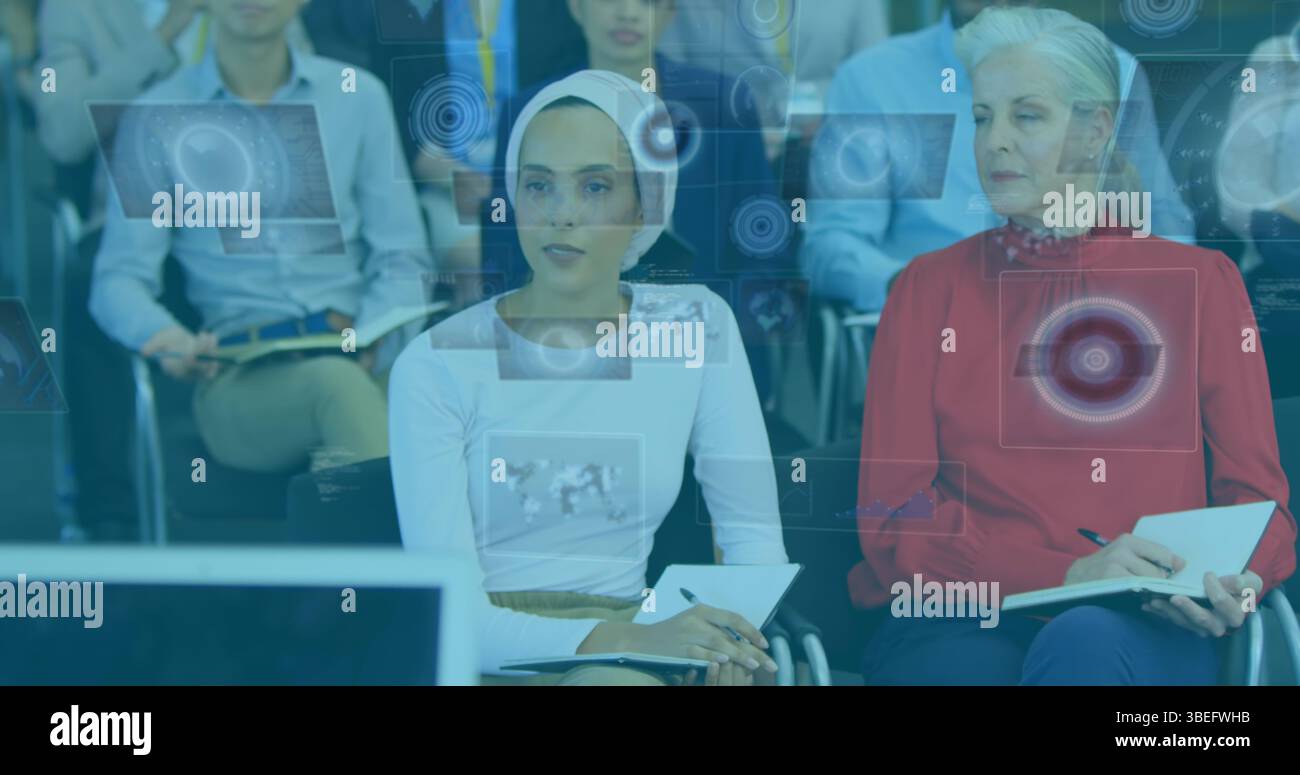 Image of digital displays with scanning icons over multiracial business ...