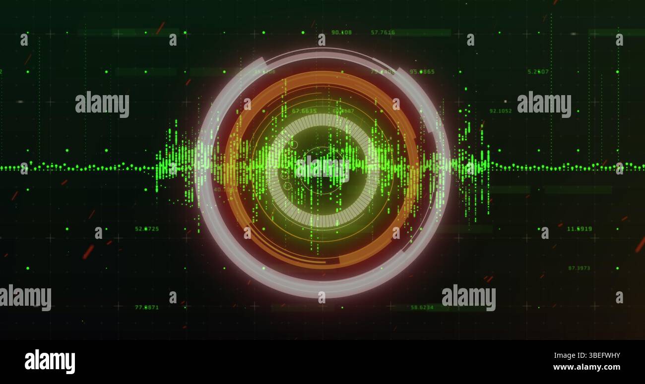 Digital image of data processing over neon round scanner against black background Stock Photo
