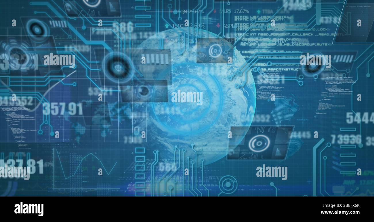 Image of data processing, integrated circuit over globe and blue background Stock Photo