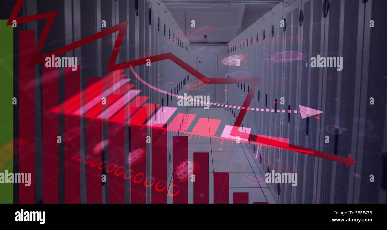 Image of graphs and data over servers Stock Photo