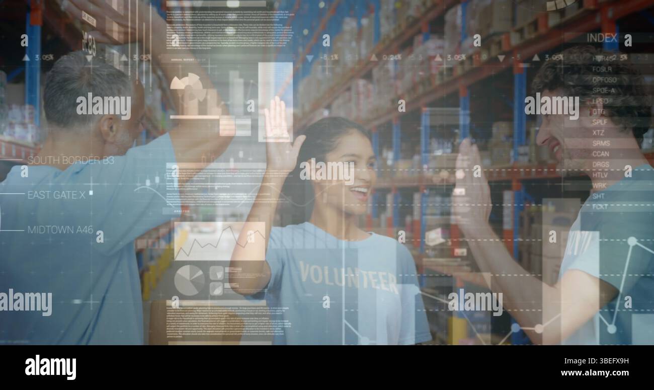 Image of data processing over people keywords and data warehouse Stock Photo