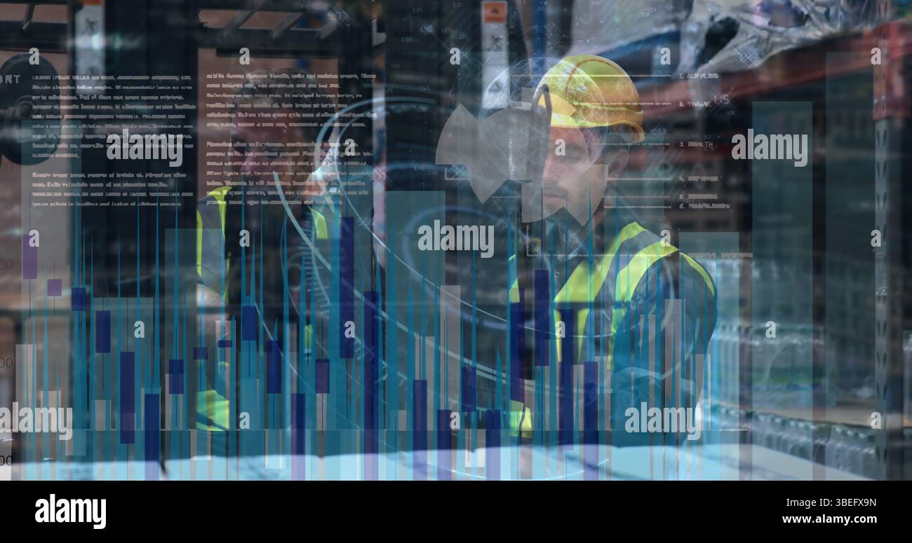 Image of statistical data processing over two male workers discussing at warehouse Stock Photo