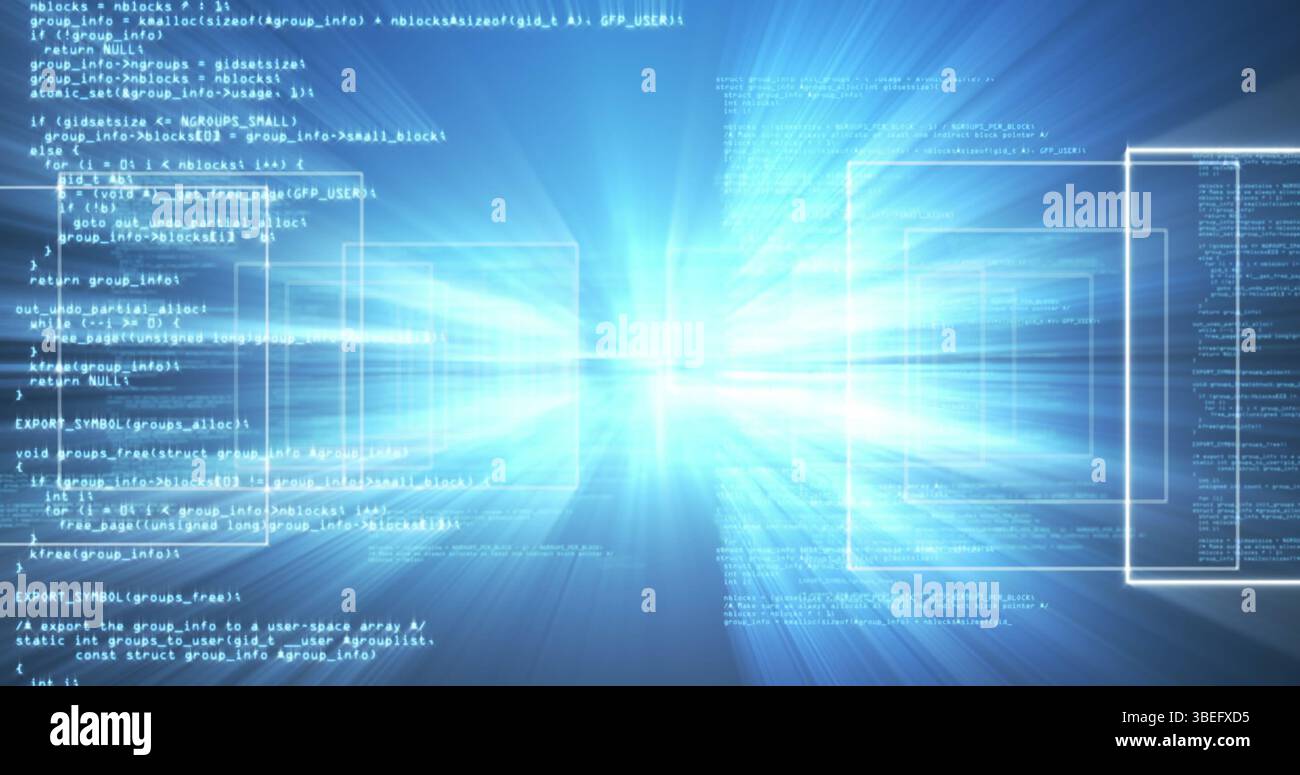 Displaying programming code text streaming through virtual tunnel, with central beam and UI panels Stock Photo