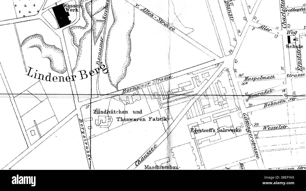 This map from 1901, published by Klindworth's Verlag, shows Hannover and Linden with a detailed depiction of the Zündhütchen and Thonwaren factory, founded by industrialist Georg Egestorff. The map also includes the location of Egestorff’s salt works and nearby streets in the Lindener Berg area. Stock Photo