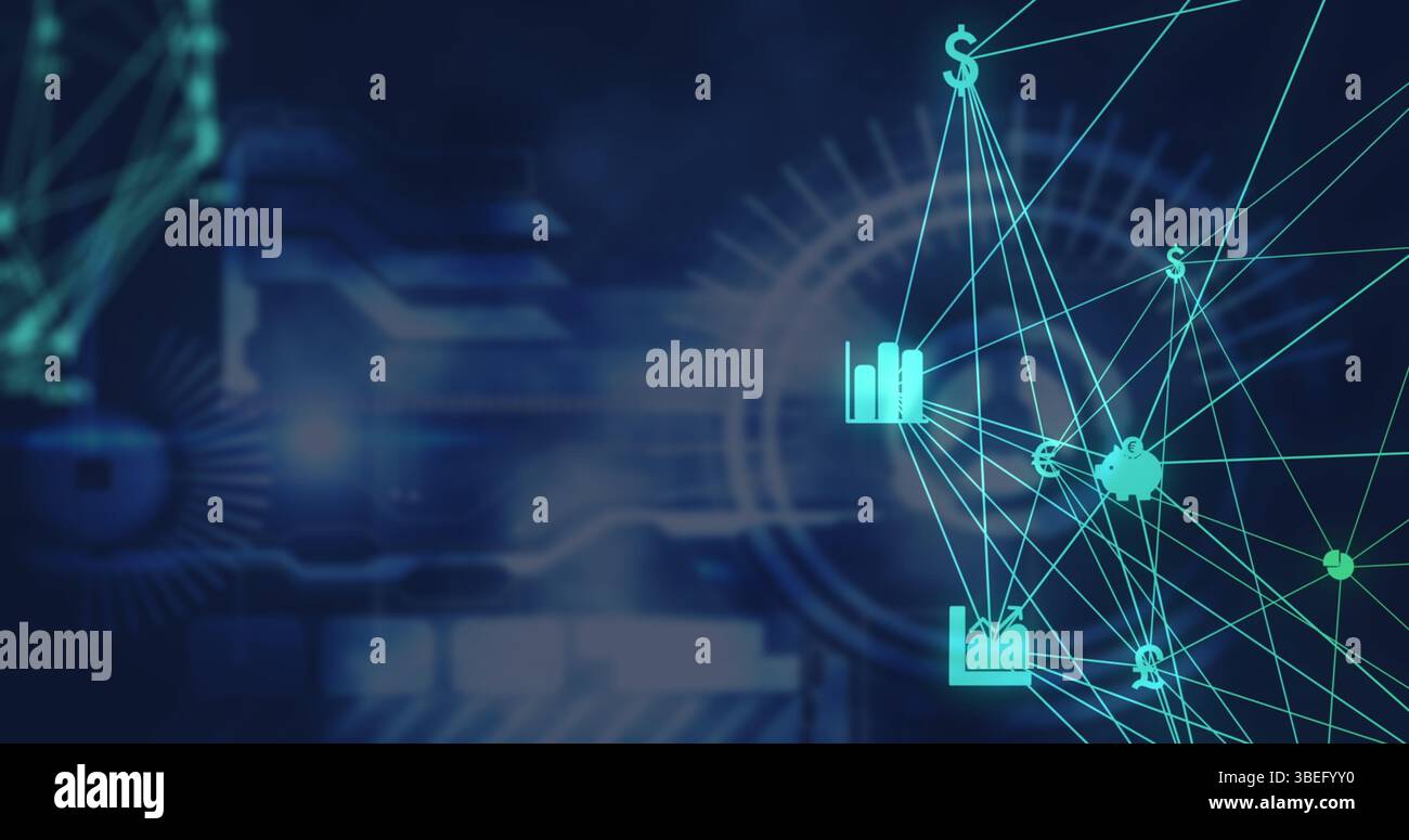 Image of globe of digital icons spinning over digital interface with data processing Stock Photo