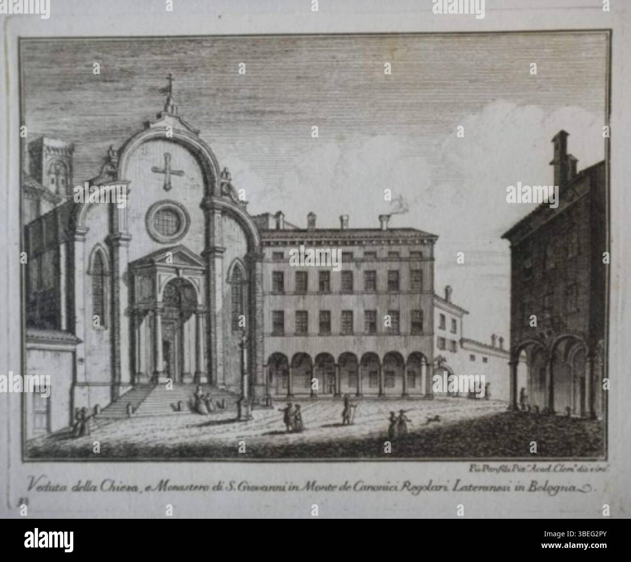 An artwork by Pio Panfili, created around 1793, depicting the Church of San Giovanni in Monte and its square in Bologna. It is housed in the Collezioni Fondazione CaRisBo. Stock Photo