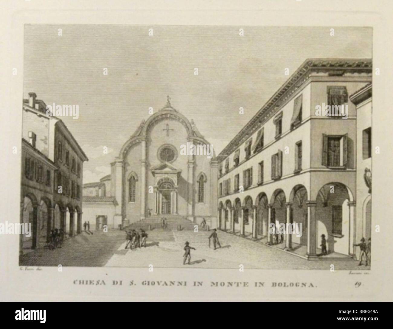 An engraving by C. Savini from 1822 depicting the façade of the Church of San Giovanni in Monte in Bologna. The artwork is preserved in the Collezioni Fondazione CaRisBo. Stock Photo