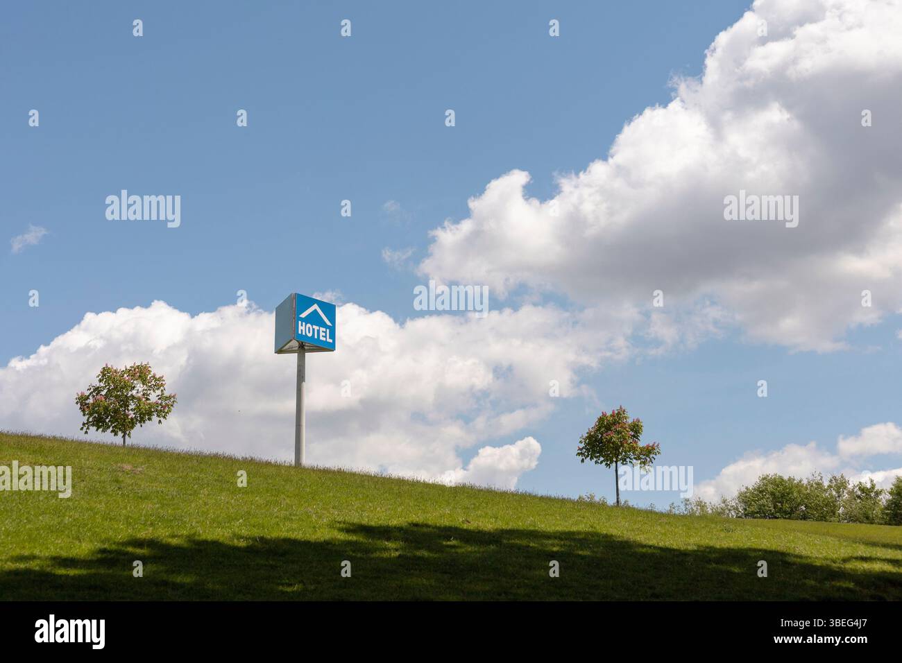 A bright blue hotel sign is positioned on a grassy slope, surrounded by ...