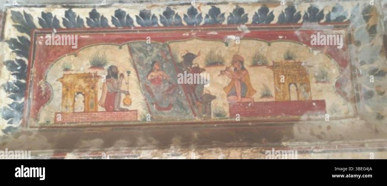 The fresco at Gurdwara Bhumman Shah, located in Depalpur, Okara, Punjab, Pakistan, depicts the folktale of Sohni Mahiwal. The work, attributed to an unknown artist, is photographed by Jahandad Khan and dates back to the 18th or 19th century. Stock Photo