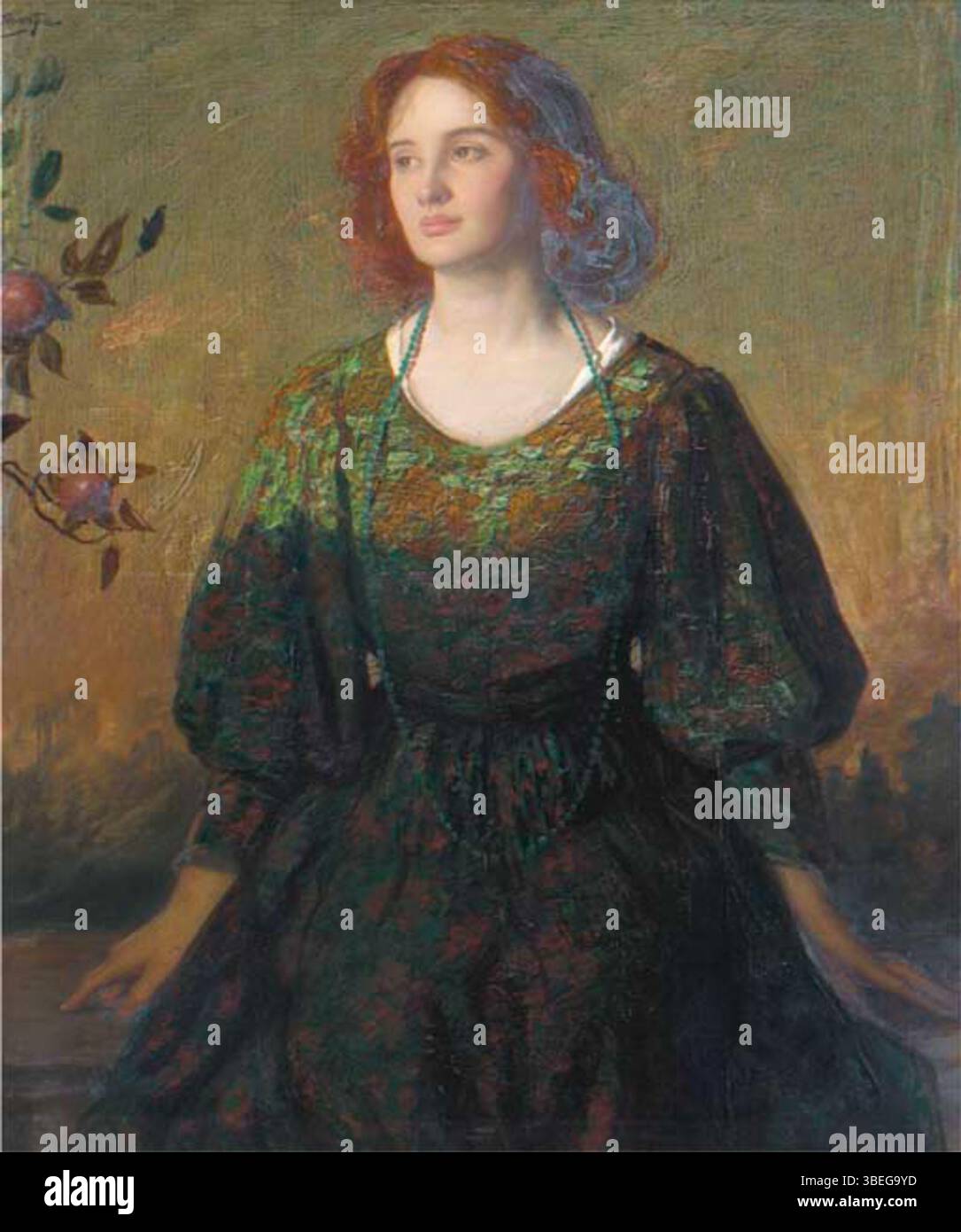 This portrait by Thomas Edwin Mostyn presents a lady in a three-quarter pose, wearing a green and gold dress. The painting emphasizes the grace and elegance of the subject, characteristic of early This portrait by Thomas Edwin Mostyn presents a lady in a three-quarter pose, wearing a green and gold dress. The painting emphasizes the grace and elegance of the subject, characteristic of early