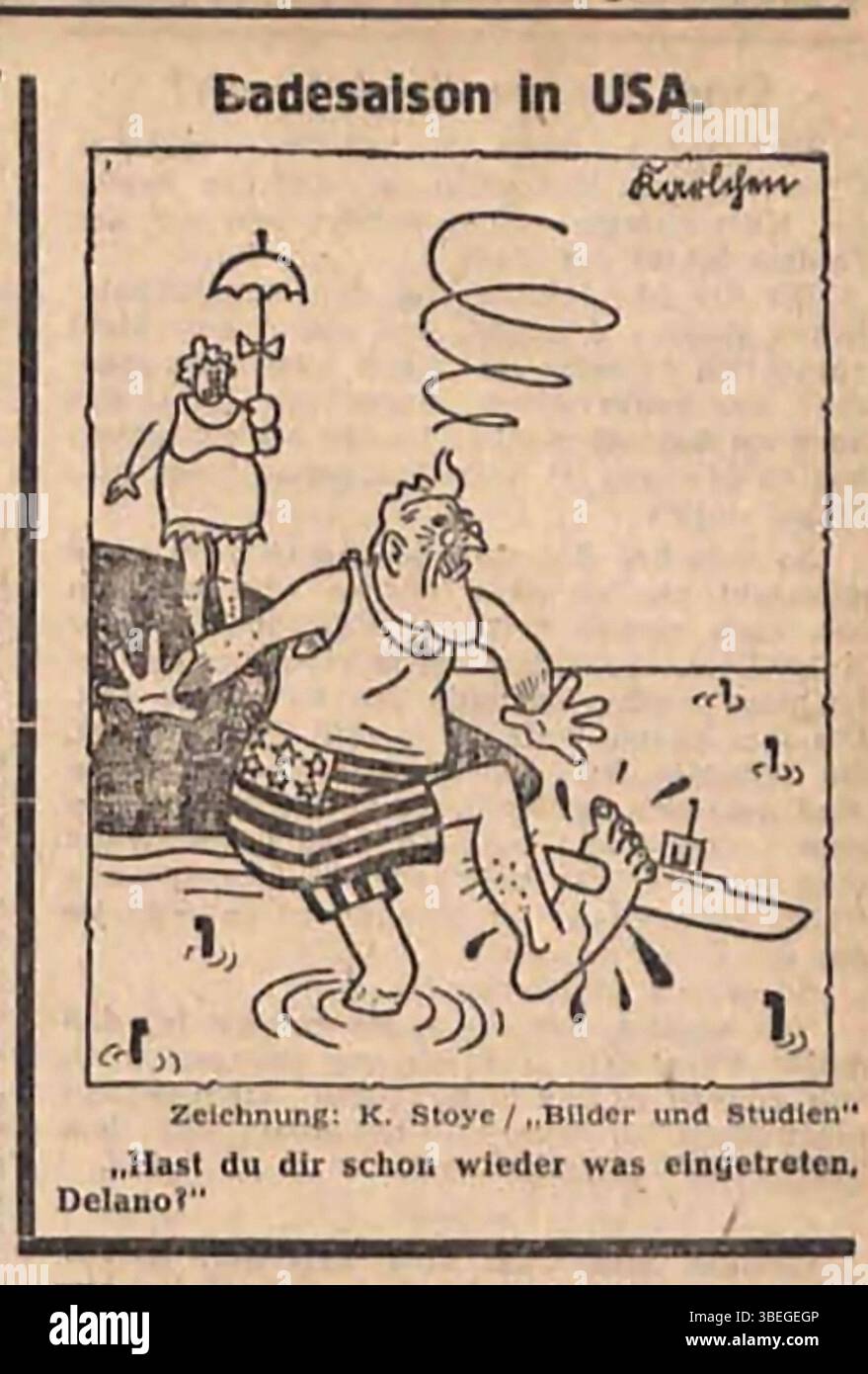 A 1942 German wartime caricature by Karl Stoye depicting U.S. President Franklin D. Roosevelt as a victim of the German U-boat campaign. The caricature is a product of WWII propaganda. Stock Photo